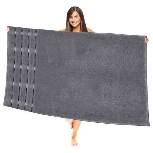 Image of Elegant Comfort 100% Turkish Cotton 4 Lines Viscose Stripe Jumbo Bath Towel - Hotel Spa Quality Extra Large 35 x 70 Inch Bath Towel Ultra Soft, Super Absorbent Quick Dry Large Bath Towel, Gray