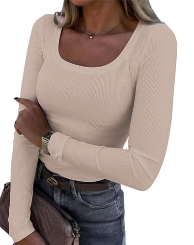 Damen Langarmshirt U-Ausschnitt Slim Fit Rippstrick Oberteil - Langarm...