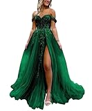 Off The Shoulder Tulle Prom Dress with Laces Applique A-line Slit Long Ball Gowns Glitter Formal Evening Dress Emerald Green