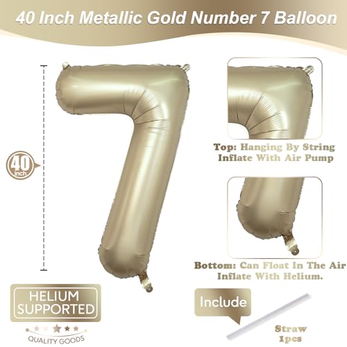 Image of 40 Inch Balloon Number 7 Metallic Gold, Large Mylar Foil Light Gold Number Seven Balloons for Girls Women, Champagne Gold Globos de Numero 7 Helium Balloons for Boys Men 7th Birthday Party Decorations