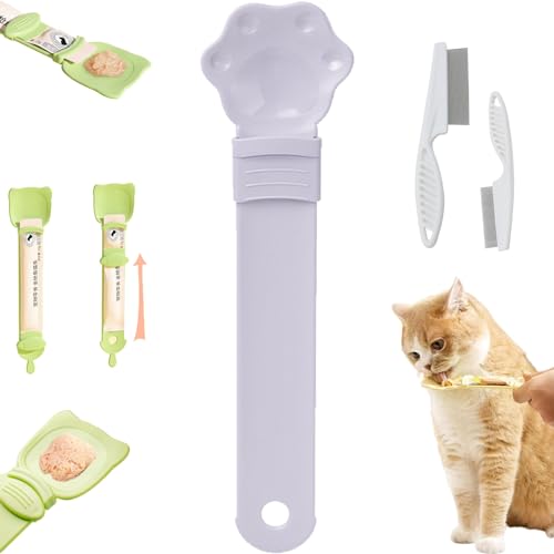 EZGHAR Happy Spoon for Cats, Cat Happy Spoon, Happy Spoon Cat Treat Feeder, Cat Strip Feeder Squeeze Spoon, Multi Functional Pet Feeder Pet Spoons, Cat Wet Treat Squeeze Treat Spoon (1PC Purple)
