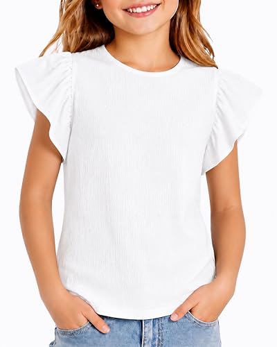 Image of Girls Ruffle Shirt Flutter Sleeve Top Crewneck Cute Summer T Shirts Casual Tees Off White 9-10 Years