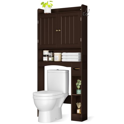 Image of Over The Toilet Storage Cabinet, 32.3 inch W, Grey | Over Toilet Bathroom Organizer with Doors, Adjustable Shelves, Toilet Paper Holder, 2 Side Hooks, for Bathroom, Laundry