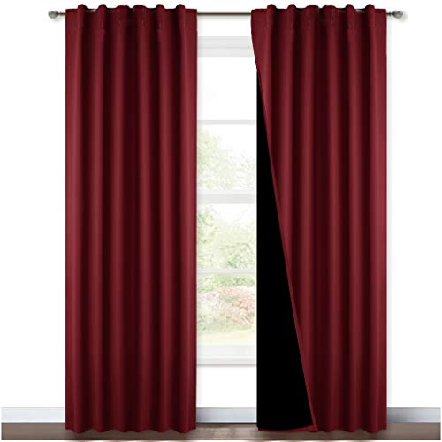 NICETOWN Red 100% Blackout Curtains with Black Liner Backing, Cold Reducing Thermal Insulated Curtains for Living Room, Noise Reducing Drapes, 52 inch