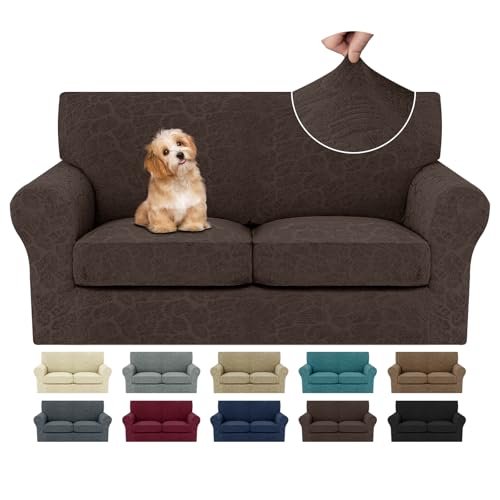 MAXIJIN 3 Pieces Stretch Couch Covers for 2 Cushion Couch Latest Leaf Pattern Loveseat Couch Cover with 2 Seat Cushion Dogs Pet Friendly Sofa Slipcovers Protector Loveseat Coffee