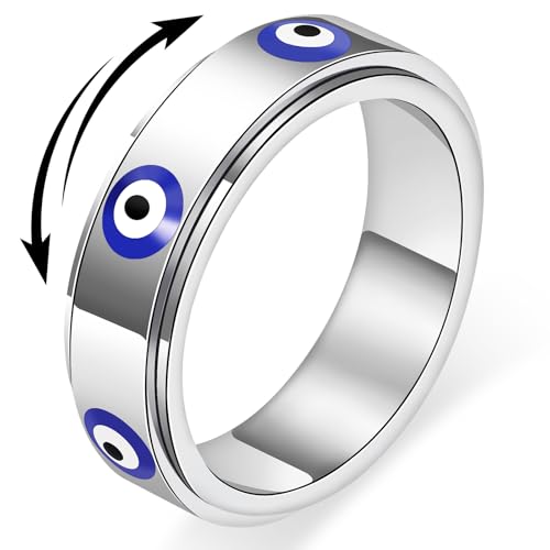 Evil Eye Fidget Ring for Women - 18K Gold Plated Stainless Steel Spinner Rings for Anxiety Relief Ojo Turco Ring Luck Amulet Turkish Faith Protection Stackable Jewelry Gift for Women Men (Silver 9)