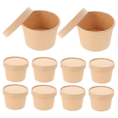 PACKOVE 10juegos Vasos De Papel Kraft Para Yogur y Helado Desechables De Onzas Con Tapa Recipientes Resistentes Para Postres Caseros Embalaje Práctico Para Snacks y Comidas Para Llevar