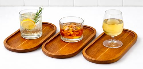 Image of Premium Luxury 100% Natural Acacia Wood Serving Tray Set of 3, Wooden Oval Snack Tray for Kitchen, Coffee, Fruits & Decor, Durable Food-Safe Serving Platter, Natural Finish
