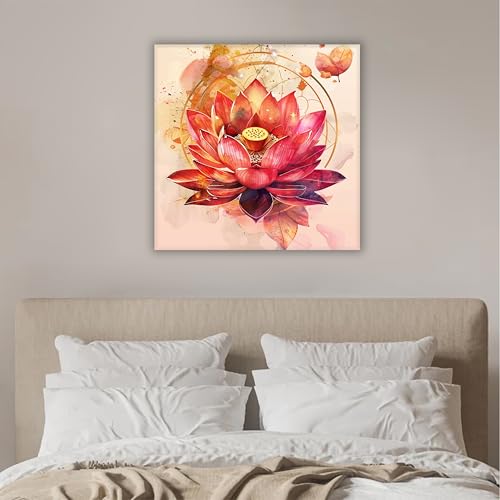 Image of PAINTINGMANTRA Vastu Lotus Flower Stretched Canvas Painting for Living Room | Floral Canvas Artwork Wall Decor Art For Livingroom, Bedroom, Office, Hallways - 22x22 Inch