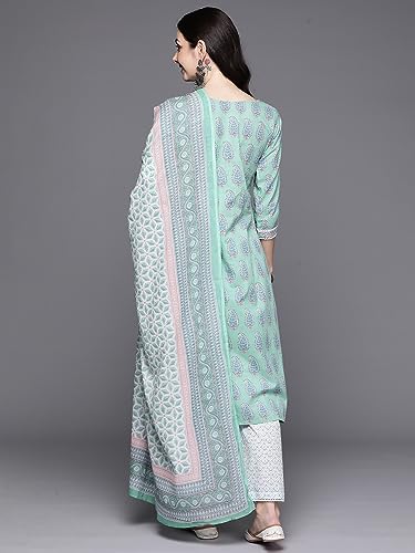 Image of INDO ERA Women's Sea Green Printed Pure Cotton Kurta with Pant & Dupatta Set