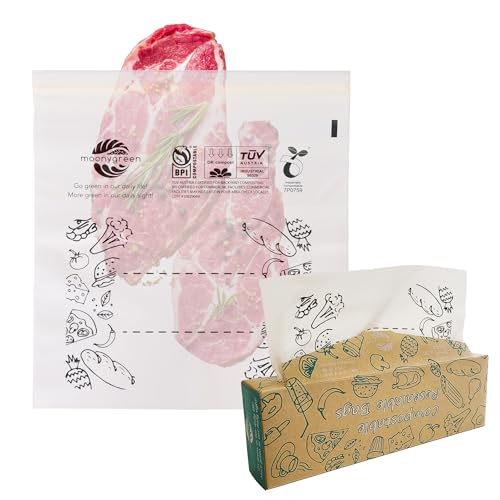 Moonygreen Compostable Food Storage Bags Large Gallon Resealable Freezer Bags 50 Count 10.5 x 10.6 inches PFAS & BPA FREE Certified US BPI ASTM D6400 Europe OK Compost