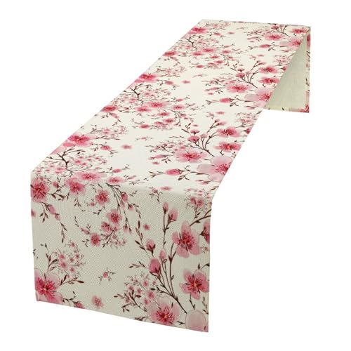 JanJCurt Cherry Flower Table Runner Seasonal Spring Cherry Blossoms Branches Watercolor Floral Print Table Cover for Kitchen