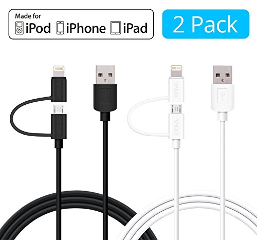 Skiva Apple MFi Certified Lightning Cables [2-Pack] USBLink Duo 2-in-1 Sync/Charge Cable (3.2 ft / 1m) with Lightning & microUSB for iPhone X 8 8Plus, Samsung S7 (1-Black & 1-White) [Model:CB149]