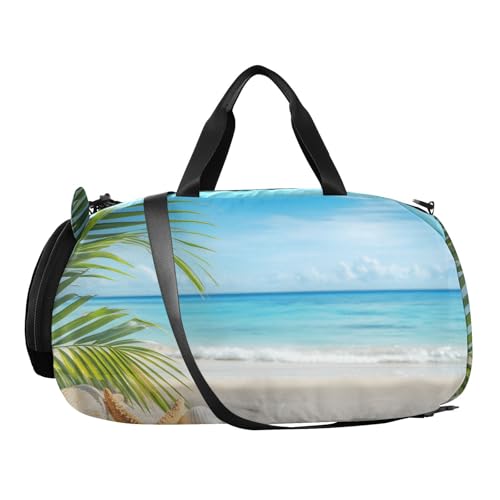 Kids Sports Duffel Bag for Boys & Girls - Ocean Sea Starfish Seashell Palms 100% Polyester Gym Bag with Separate Shoe Compartment, Adjustable Shoulder Strap, Compact Travel & Workout Gear Ba2