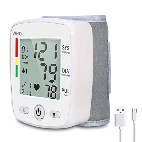 Wrist Blood Pressure Monitor, Wrist Cuff Monitor Automatic Digital Adjustable Home BP with Voice USB Charging Blood Pressure Machine (White)