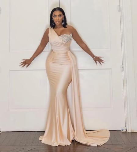 Long Mermaid Bridesmaid Dresses for Women One Shoulder Prom Dress Satin Beaded Evening Party Gown with Train3