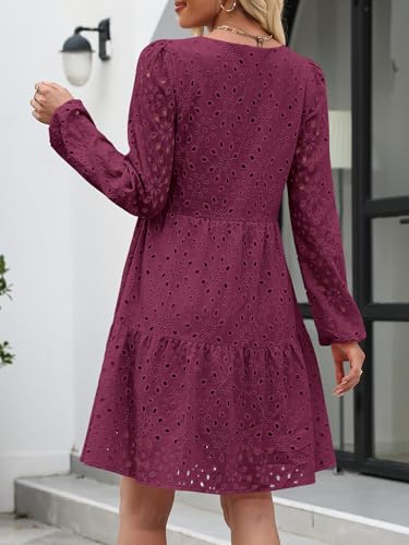 ANRABESS Long Sleeve V Neck Dresses for Women Eyelet Hollow Out Business Casual Tiered 2025 Fall Mini Dress with Pockets4