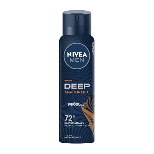 NIVEA MEN Desodorante Antitranspirante Aerossol Deep Amadeirado 150ml - Proteção prolongada de 48h, fórmula com carvão ativado, combate impurezas, antibacteriano, perfume prolongado, fragrância amadeirada