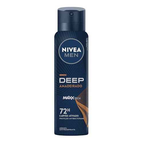 NIVEA MEN Desodorante Antitranspirante Aerossol Deep Amadeirado 150ml - Proteção prolongada de 48h, fórmula com carvão ativado, combate impurezas, antibacteriano, perfume prolongado