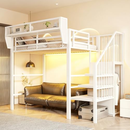 Merax Lit mezzanine 90x200 cm avec barre lumineuse LED, échelle de sécurité et espace de rangement flexible, lit métallique pour adultes, lit superposé...