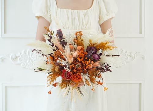 Bouquet rústico boho beige y naranja para boda miniatura 2