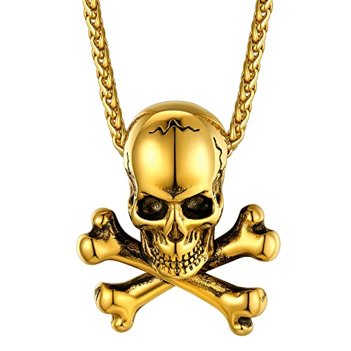 ChainsHouse Skull Necklace for Men, Retro Gothic Punk Jewelry Biker Necklace for Men Women Free Engraving Stainless Steel Dog Tag Pendant Necklace,with Gift Box 02. Crossbone-Gold no custom