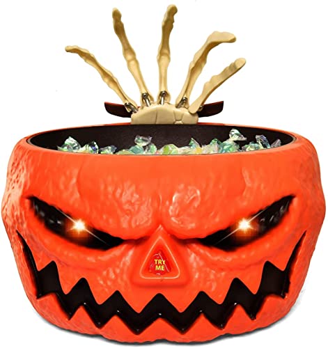 Rocinha Animated Halloween Candy Bowl Large Pumpkin Candy Dish with Creepy Hand, Red Eye & Monster Sound, Motion Activated Halloween Bowls for Candy for Tease Trick-or-treaters Halloween Decor Indoor