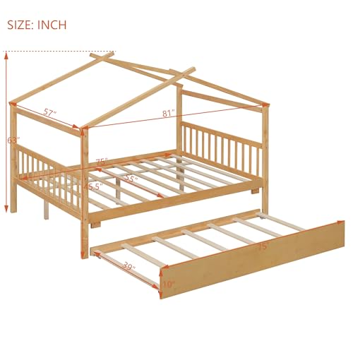 Image of Full Size Creativity House Bed with Roof Frame and Twin Size Trundle, Montessori Wooden Platform Bed with Sturdy Slats Support for Kids Teens Girls Boys, No Box Spring Needed (Natural-02, Full)