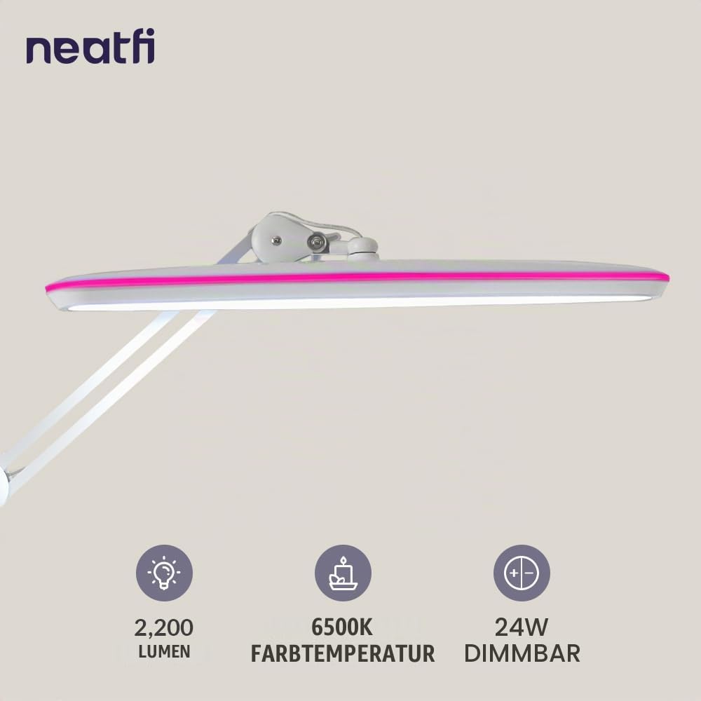 Neatfi XL 2,200 Lumen LED-Arbeitsplatzleuchte | 58 CM | ultrabreite Lampe | dimmbar (Weiß mit Rosa Ring, Nicht-CCT mit Klemme)