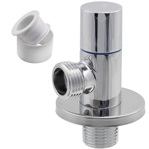 AERZETIX - C74947 - Valvola d'arresto ad angolo 1/2x1/2 + rosetta e guarnizione in PTFE con maniglia rotonda - in ottone e rivestimento nichelato - raccordo rubinetto acqua lavello bagno cucina