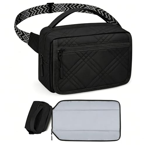 Image of Small Diaper Bag with Portable Changing Pad, Mini Crossbody Diaper FannyPack with Wipes Pocket, Women Waist Bag for Travel (Quilted Black, Large)