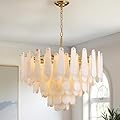 OSRoyce Alabaster Chandelier, D31.5 in Modern Feathery Round Chandelier, 6-Tiers Luxury Large White Marble Brass Chandeliers for Dining Room Bedroom Foyer Living Room Entryway
