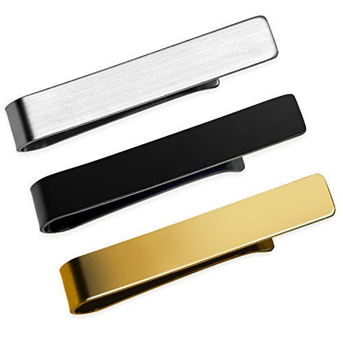 UHIBROS Mens Tie Clip Tie Bar Set for Skiny Ties 1.84 inch Silver, Black, Gold Tone Luxury Gift Box-Great Gift for Father's Day
