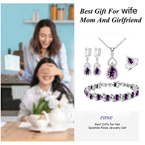 Lmxxvj Created Purple Amethyst Women Jewelry Set - Silver Tone Necklace Open Ring Earrings Tennis Bracelet Set,Wedding Birthday/Anniversary Mother’s Day Birthstone Jewelry Gifts #TOP1