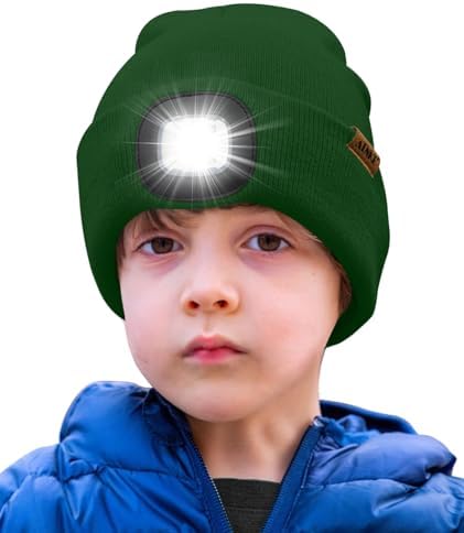ATNKE Kids LED Lighted Beanie Hat,USB Rechargeable 4 LED Running Headlamp Ultra Bright Cap with Light Hands Free Head Torch Winter Warm Knit Beany Great Gifts for Boys and Girls