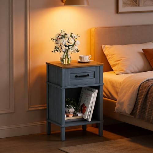 YAUKTAK Small Farmhouse Nightstand Wood Night Stand Set End Table with Drawer Small Rustic Wooden Bedside Table Bed Side Table for Bedroom Blue end Table with Storage for Bedroom LET512LR