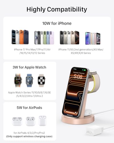 Image of Anlmz 3 in 1 Charging Station for iPhone, Wireless Charger for iPhone 17 16e 16 15 14 13 12 11 X Pro Max & Apple Watch - Charging Stand Dock for AirPods (Rose)