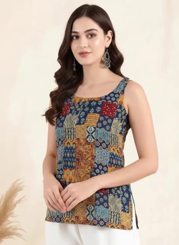 Image of Pinkmint Women Cotton Blend Printed Short Kurti Top (Pack of 2) | Stylish Casual Wear | Sleeveless Top | Back Dori Design | Comfortable Kurta Tops