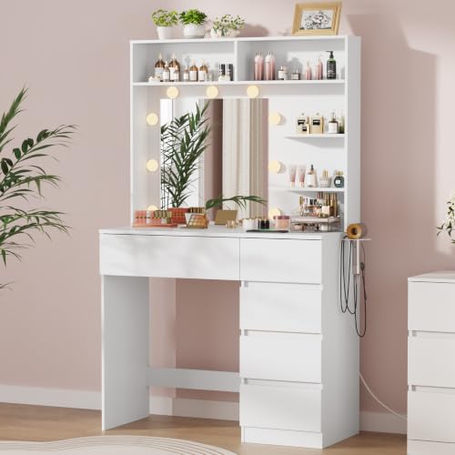 Image of Vanity Desk with Mirror, LED Lights and Power Outlet, Makeup Vanity Table with 5 Drawers, 3 Color Modes & Adjustable Brightness, Dressing Table for Bedroom, White