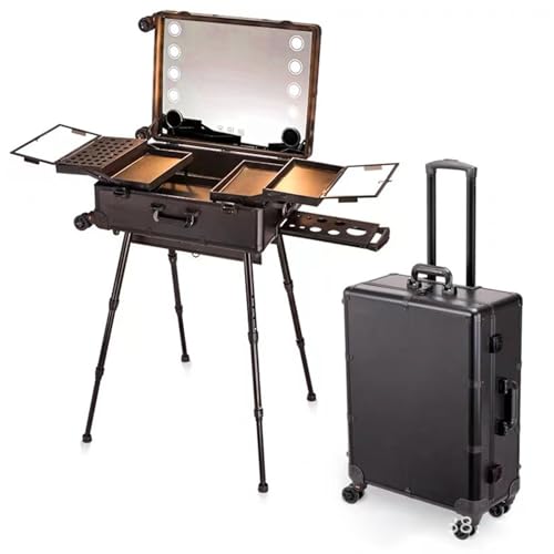 GrnArt ロ用メイクボックス 鏡付き LEDライト 化粧箱 キャスターが4個付属しています3色光源 ミニドレッサー プロフェッショナル3 in 1ロック可能なアルミニウムメイクアップケース ビューティーサロンや旅行用 (E)