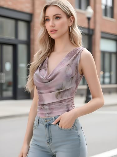 GERT COREL Women's Cowl Neck Sleeveless Top 2034 Sleeveless Ruched Floral Printed Shirts Summer Tank Tops Dusty Pink - image 5