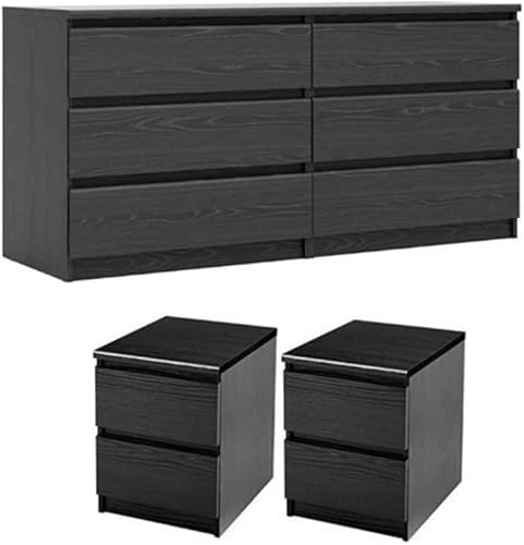 Home Square 3 Piece Bedroom Set with 6 Drawer Double Dresser and Two 2 Drawer Nightstands in Black Woodgrain