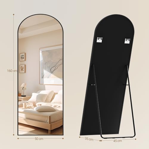 Miniatura 5 de Hzuaneri Espejo De Cuerpo Entero, 160 X 50 Cm, Espejo Arqueado Con Soporte, Con Marco De Aleación De Aluminio, Cristal Templado, Se Puede Montar En La Pared, Para Dormitorio, Salón, Negro Dm41999b