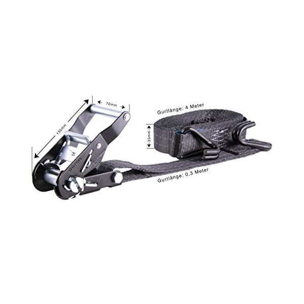 Sandax 2er-Set Spanngurte mit Ratsche, Haken & Reflektorstreifen, Zweiteilige Profi Zurrgurte belastbar bis 2000kg, 35mm breit, 4m (4 Meter) lang, Farbe Schwarz, Ratschenspanngurte/Ratschengurte – Bild 6