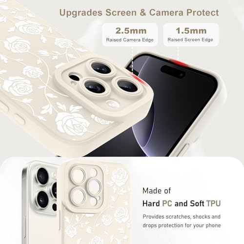 Image of Designed for iPhone 16 Pro Max Case, Cute Rose Flower Floral Pattern Design, Slim Soft TPU Liquid Silicone Protective Cover for Women Girls - White