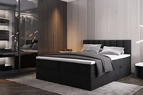 Palermo Boxspringbett mit Bettkästen H3 Matratze mit Topper (Schwarz, 200 x 200 cm)