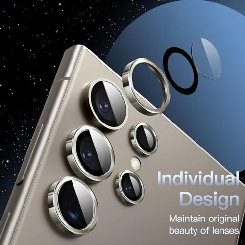 Image of Choiche Camera Lens Protector for Samsung Galaxy S24 Ultra, 9H Tempered Glass Metal Individual Ring Cover, Easy Installation Tray, HD Clear, 1 Set (Titanium Grey)