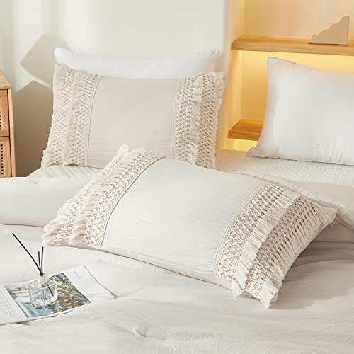 Beige Comforter Bedding Set Boho Comforter Queen Size Beige Cream Grid Lattice Tassel Design Chic Bohemian Style Rustic Farmhouse Bedding Set 1 Comforter 2 Pillowcases(Queen, Beige) #TOP2