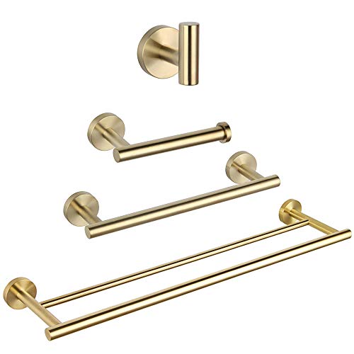 GERZWY Bathroom Hardware Set 4 Pieces Brushed PVD Zirconium Gold SUS 304 Stainless Steel Bathroom Hardware Accessories Sets Wall Mounted Double Towel Bar Towel Holder Hook Toilet Paper Holder