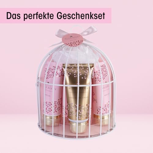 Accentra - Set de ducha para mujer Wild Berry en bonita jaula de pájaros, set de baño de 5 piezas, regalo con gel de ducha, loción corporal, jabón, crema de manos y esponja de malla – Set de bienestar - imagen 2